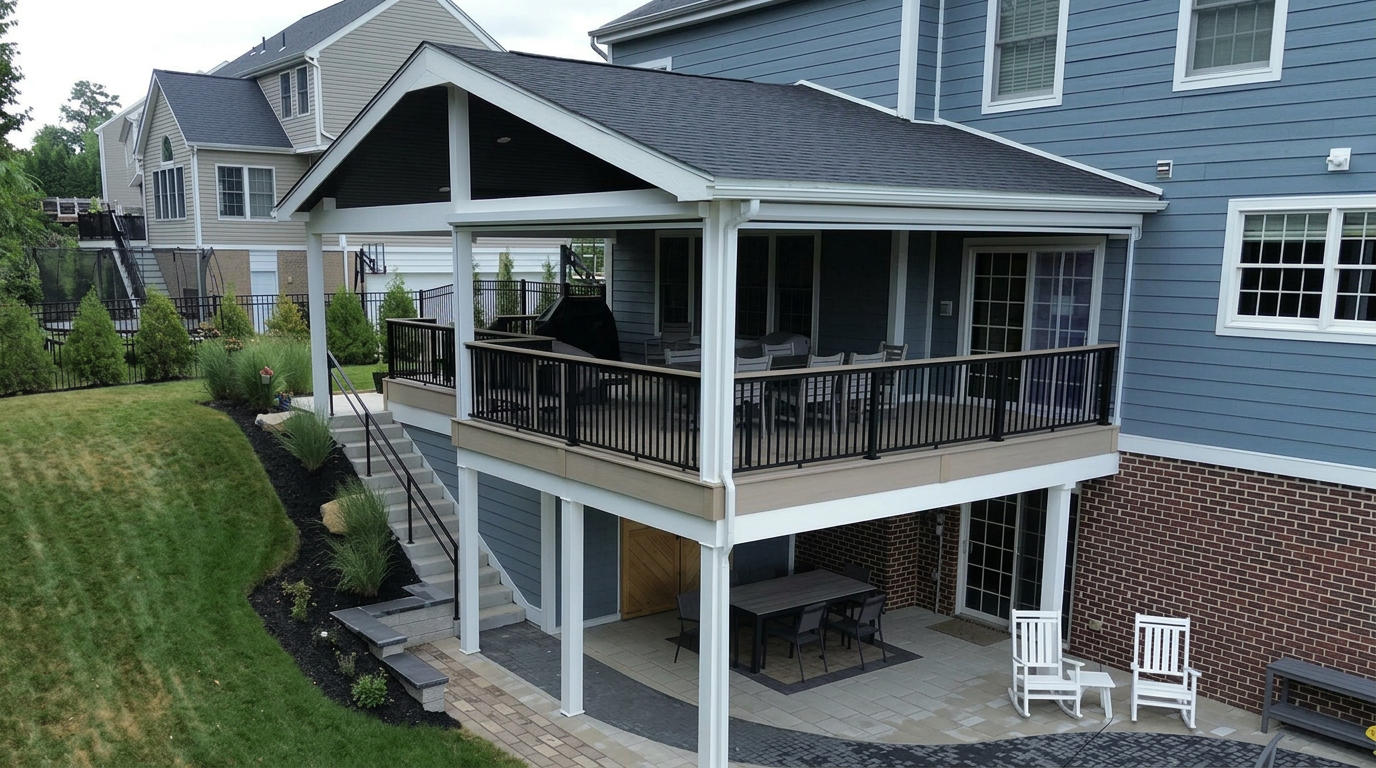 Custom cedar deck with black metal railings overlooking a Pennsylvania backyard at dusk